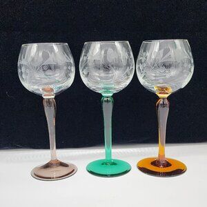 Etched Clear With Colored Stem Wine Glass Amber Green Purple Grapes 7.5" Vintage